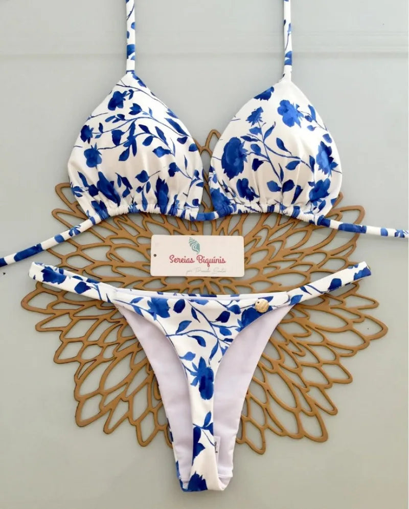 Women's Triangle Lace-Up Bikini Set with Adjustable Straps and Thong Bottom