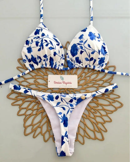 Women's Triangle Lace-Up Bikini Set with Adjustable Straps and Thong Bottom