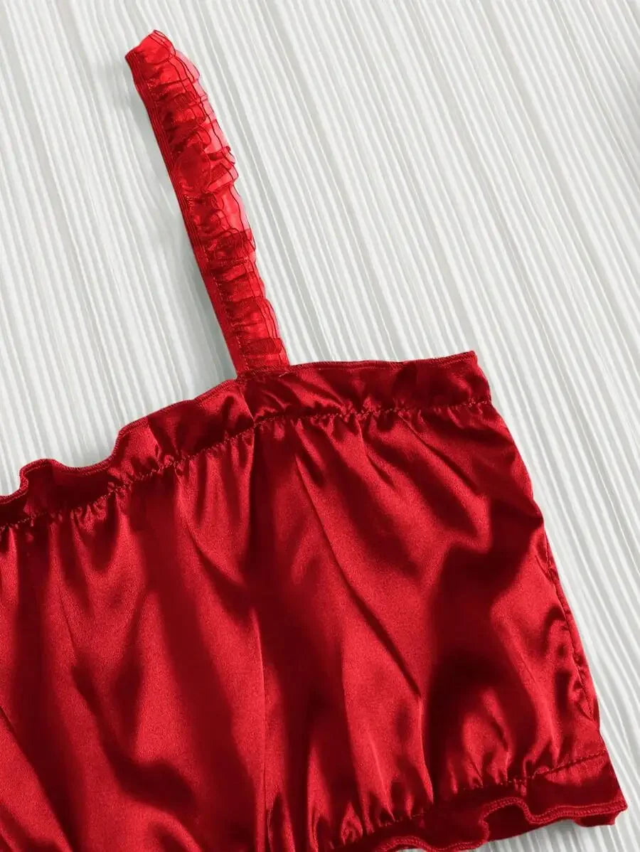 Three-Piece Satin Silk Sleepwear For Women Bride Red Breathable Lounge