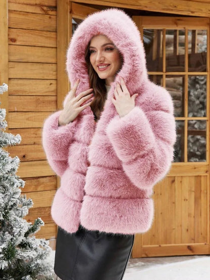 Luxe Women's Short Hooded Faux Fox Fur Coat Fashion Streetwear with Faux Fur Trim Thickened Winter Faux Fur Outwear