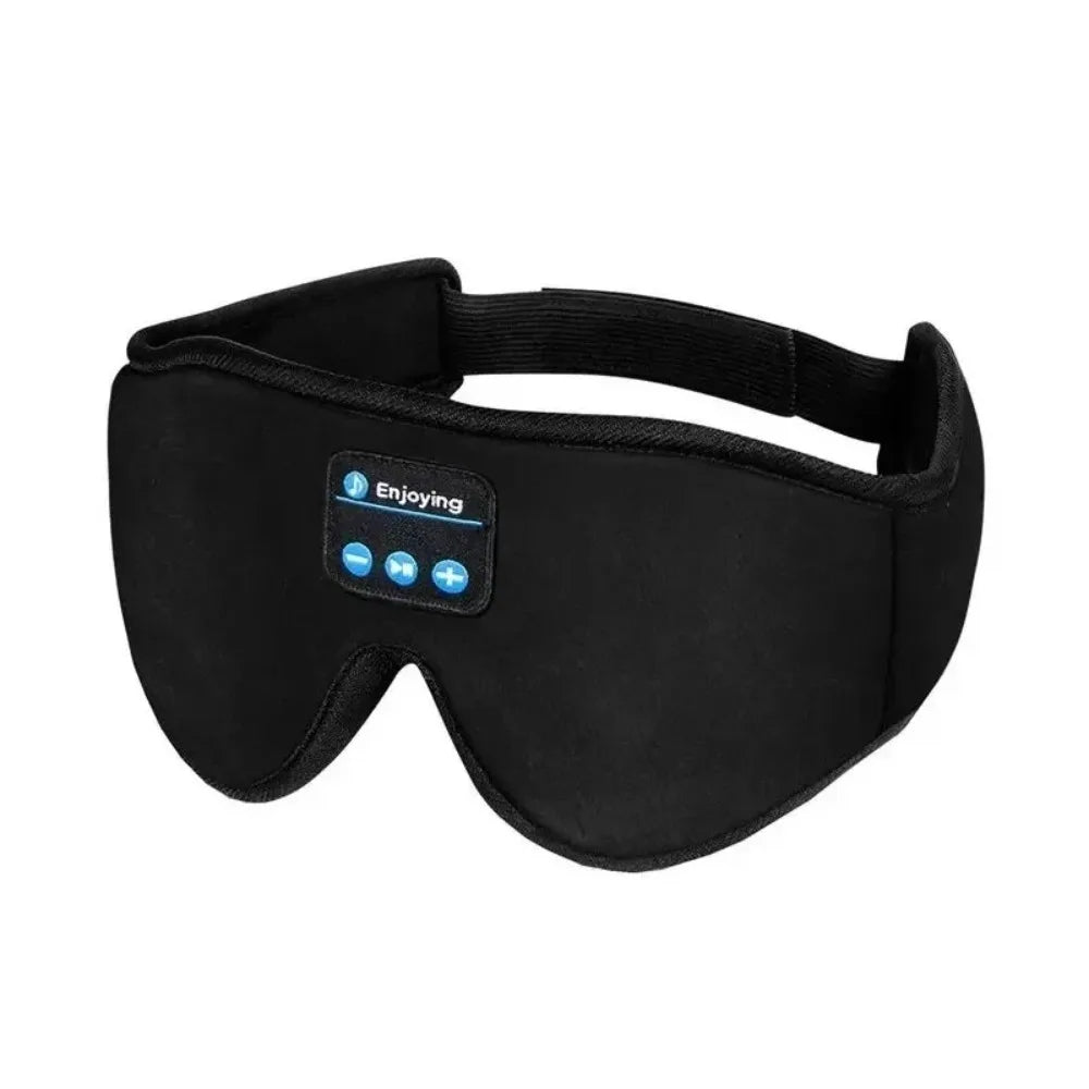 Black 3D sleep eye mask with Bluetooth controls, soft fleece material, and an adjustable strap.