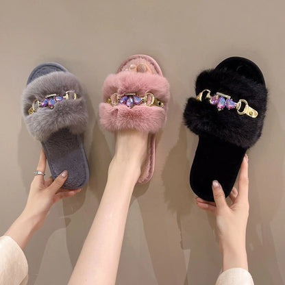 Embellished Crystal Chain Slippers with Winter Warmth Anti Slip Grip