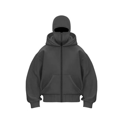 Unisex Cotton Blend Zip Hoodie With Built-In Hooded Face Mask For Cold Weather And Everyday Wear