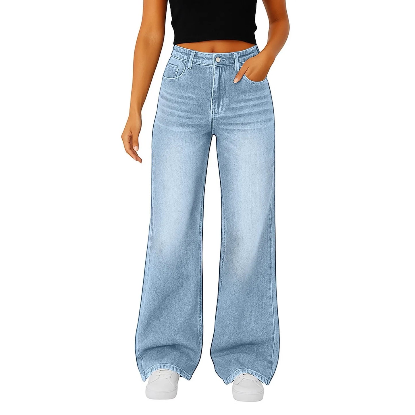 Soft Light Blue Wide Leg Jeans High Waist With Front Pockets Stretch