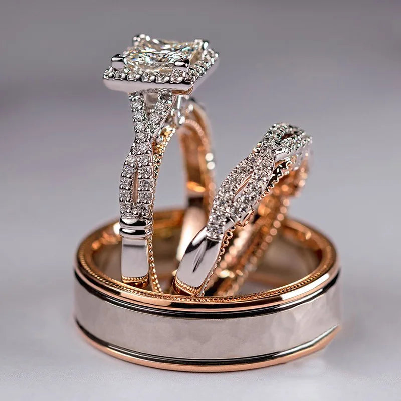 Rose Gold Zircon Ring Set for Engagement and Wedding Celebrations