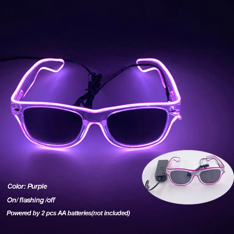 LED festival glasses with illuminated frames and connected battery pack