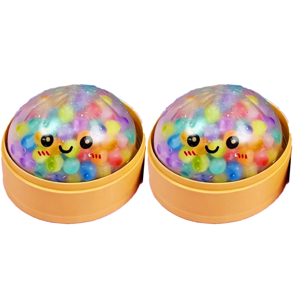 Two soft foam dumpling toys with multicolored beads, clear shells, and smiley faces, fidget toy for stress relief.
