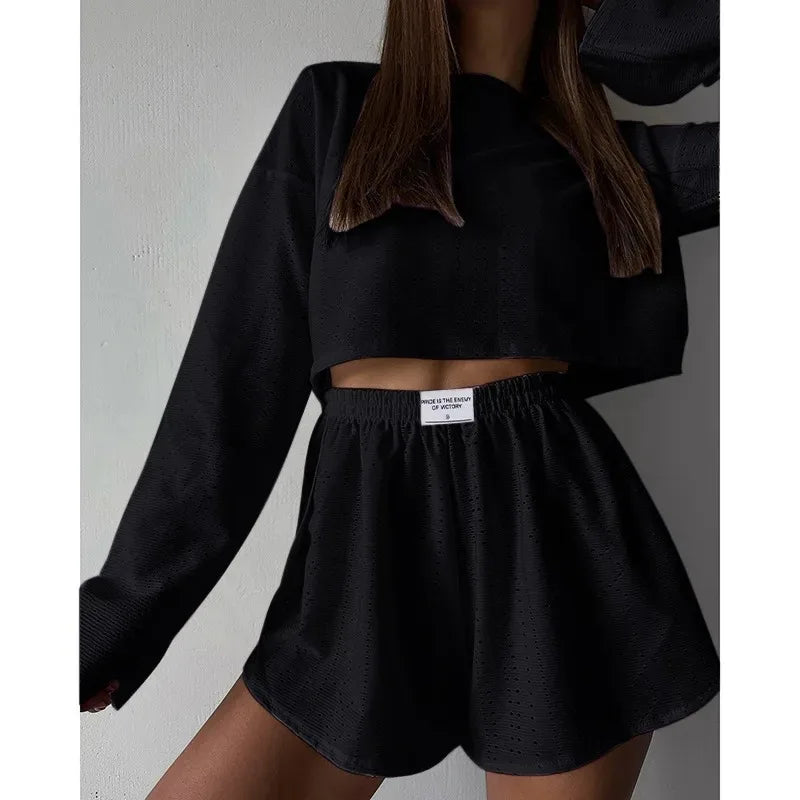 Soft Two-Piece Pajama Set with Long Sleeve Top and Shorts for Women