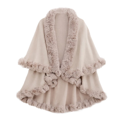 Double Layer Faux Fur Trim Womens Knitted Poncho Shawl Warm Cape Multiple Colors Ideal for Fall and Winter Daily and Formal Wear