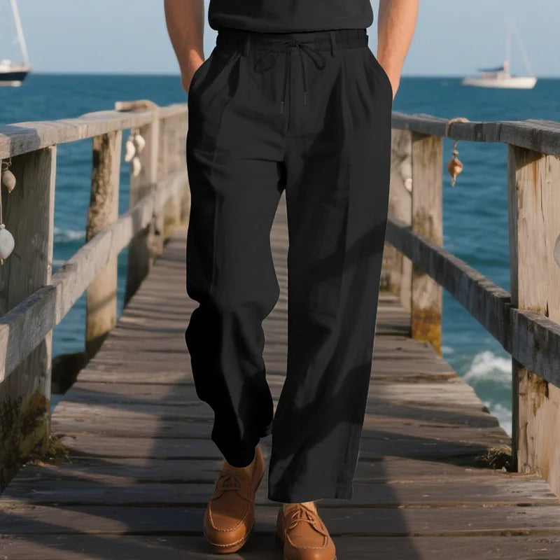Men's Linen Pants With Wide Leg And Loose Fit With Drawstring Waist For Lightweight Breathable Comfort