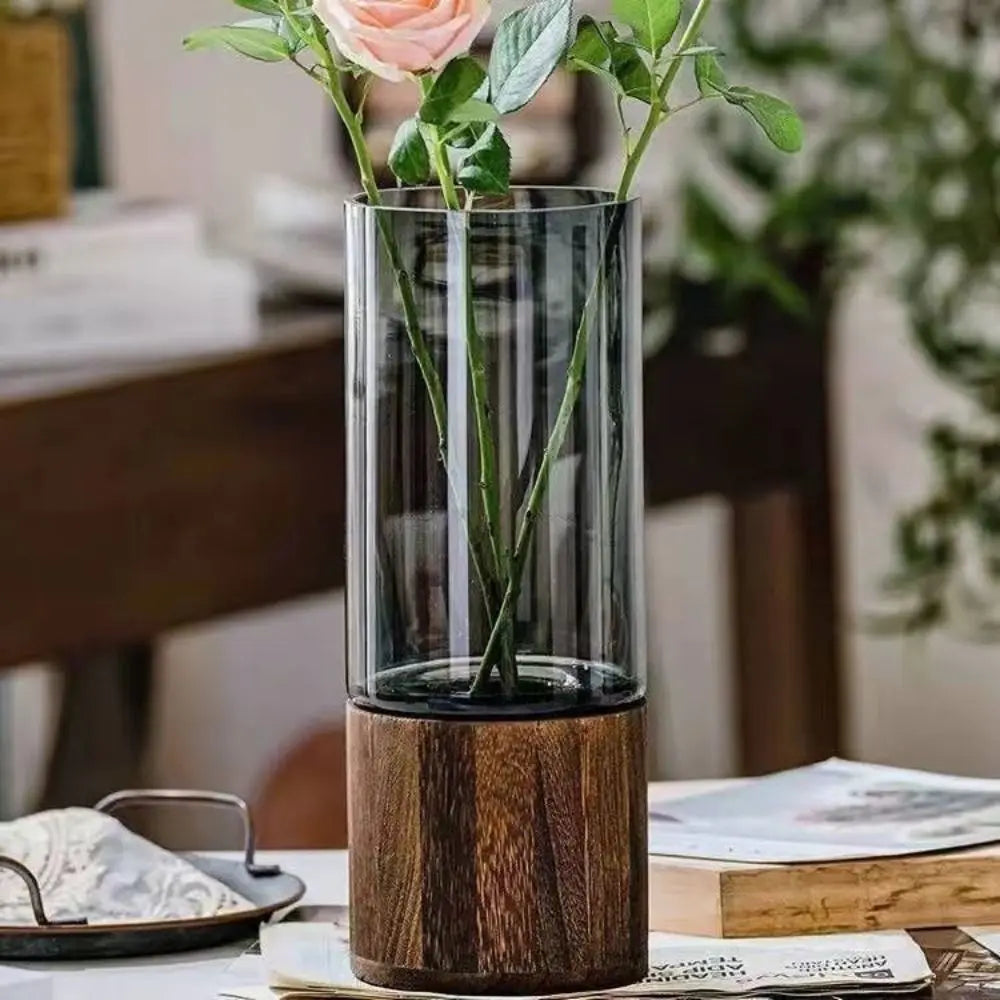 Crystal Glass Vase With Solid Wood Base In Modern Style With Slim Profile For Centerpiece Display
