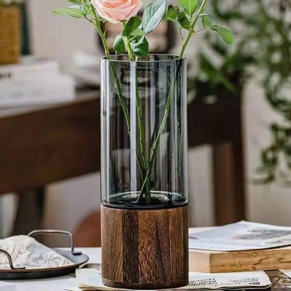 Crystal Glass Vase With Solid Wood Base In Modern Style With Slim Profile For Centerpiece Display