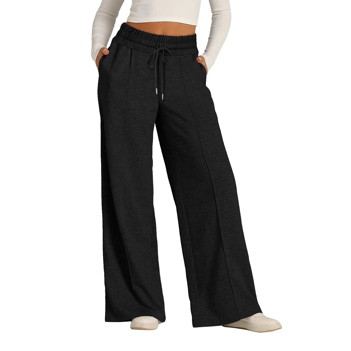 Black fleece-lined high waist wide leg pants with a drawstring, useful for keeping warm all day.