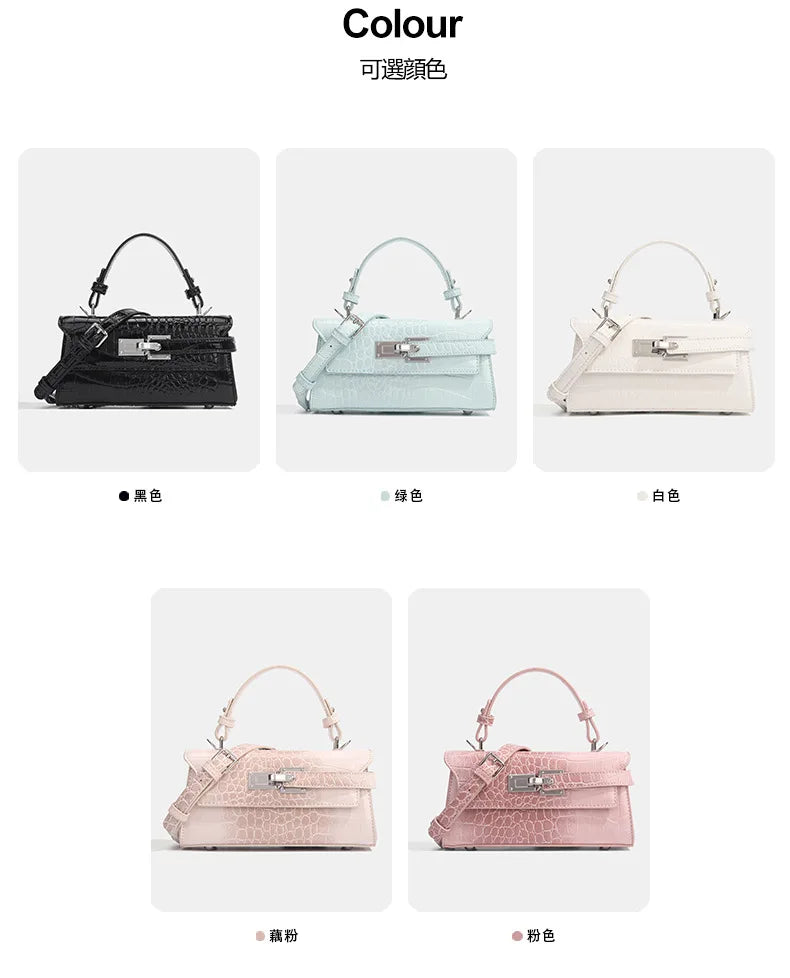 Structured faux leather crossbody bag with crocodile texture, metal hardware, and adjustable strap for daily use.