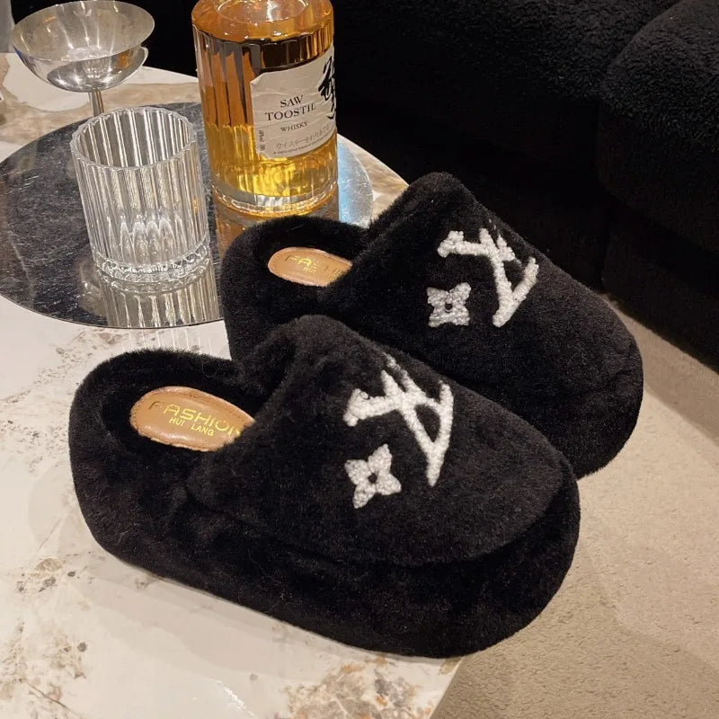 Warm Slippers for Women Indoor Non Slip Plush Traction Rubber Sole With Wedge Heel