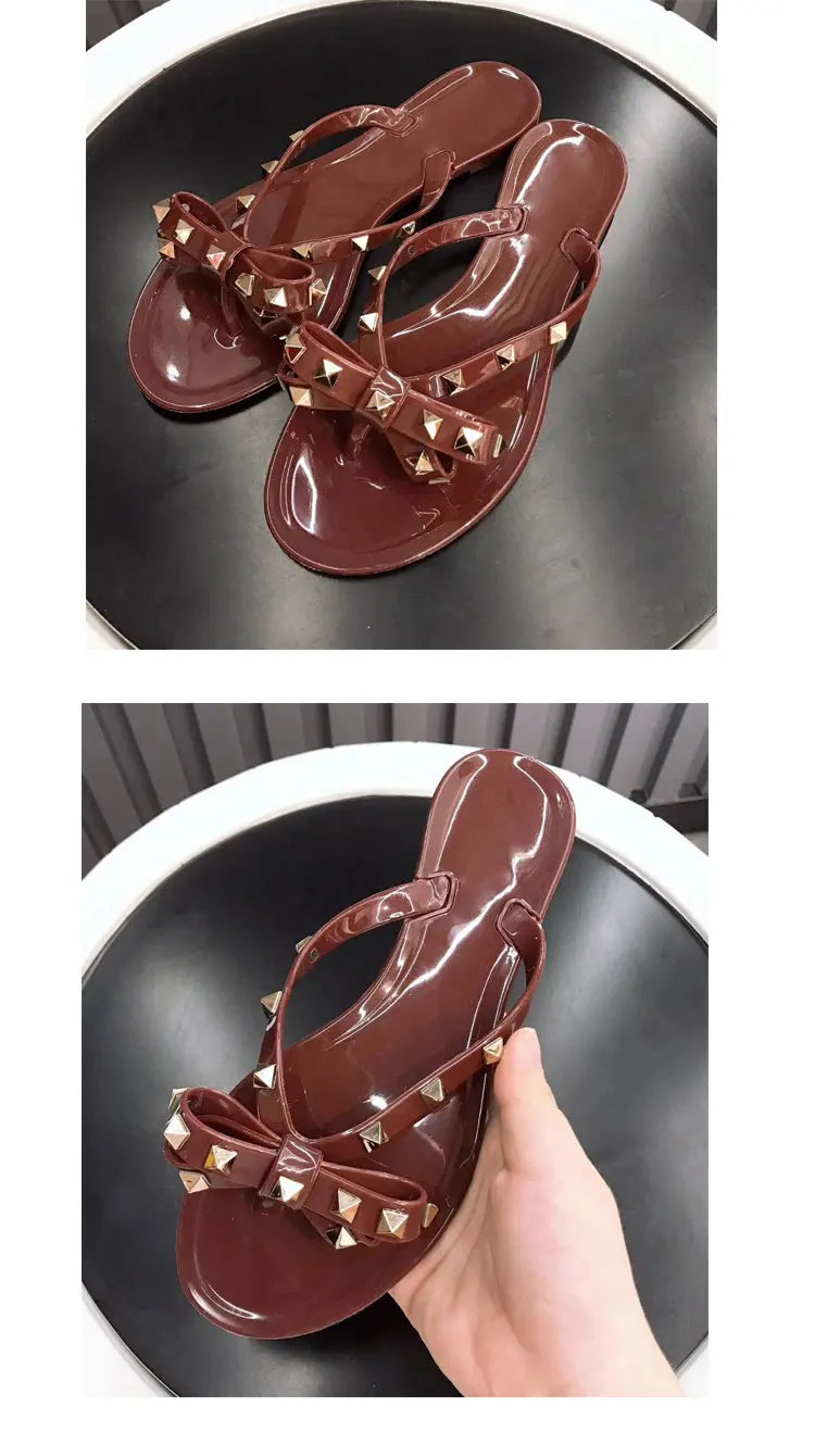 Studded Flat Bot Thong Slippers Holiday Beach Sandals Women's Jelly Slip-On oes Comfortable Casual PVC Footwear