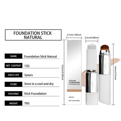 Foundation stick with built-in blending brush and color-changing formula container