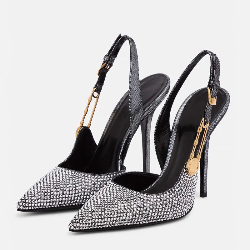 Sequined Slingback Pumps with Rhinestone Buckle for Women featuring Slim 9.6 cm Heel