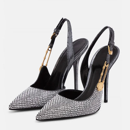 Sequined Slingback Pumps with Rhinestone Buckle for Women featuring Slim 9.6 cm Heel
