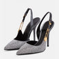 Sequined Slingback Pumps with Rhinestone Buckle for Women featuring Slim 9.6 cm Heel