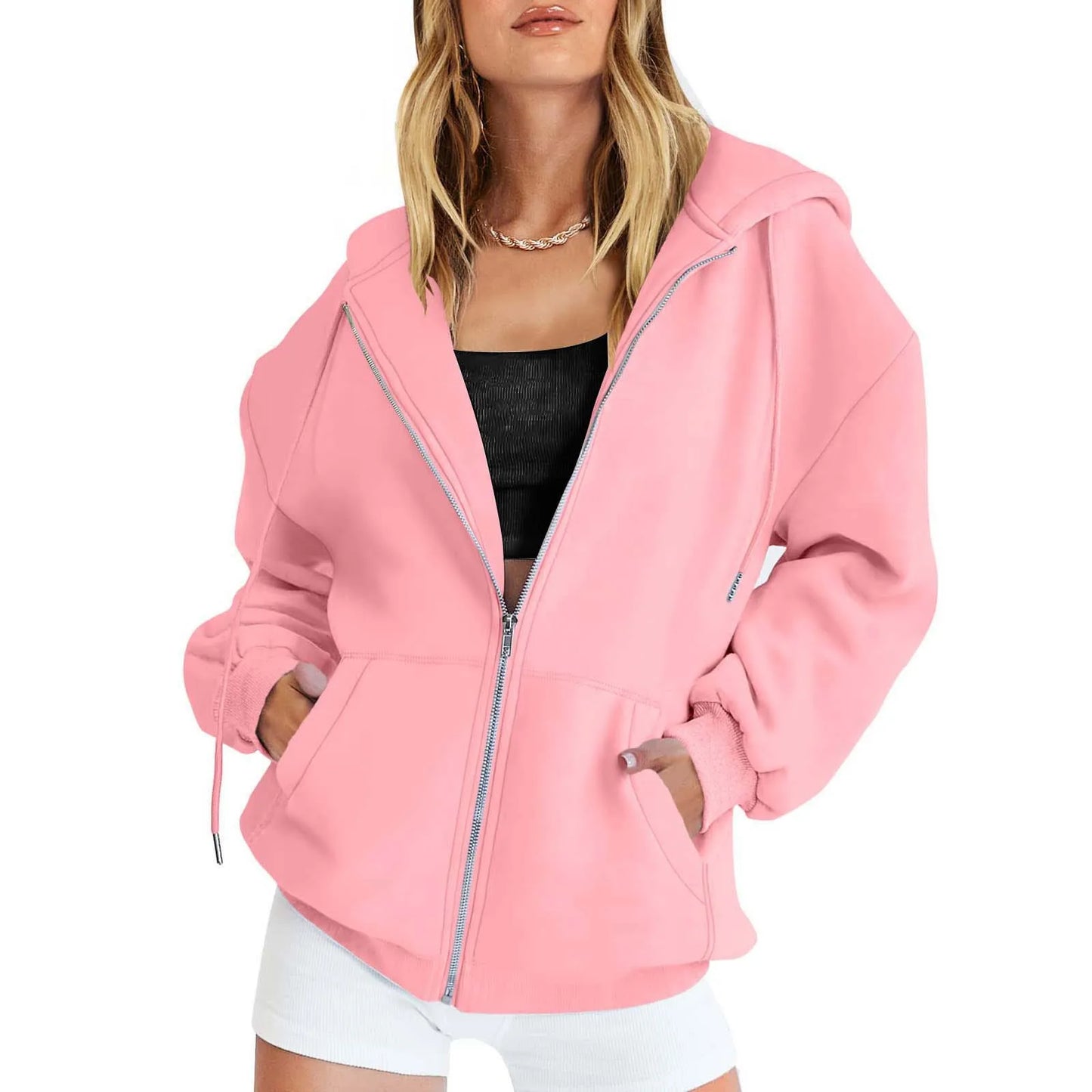 Women's Cotton Blend Hooded Sweatshirt With Zipper And Drawstring Pocket Long Sleeve