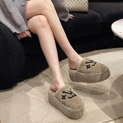 Warm Slippers for Women Indoor Non Slip Plush Traction Rubber Sole With Wedge Heel