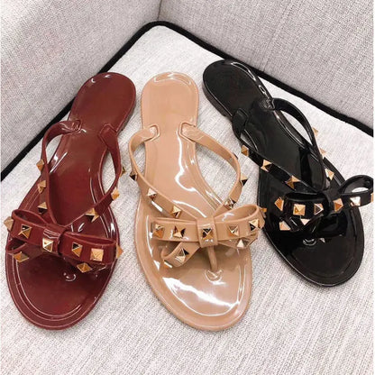 Studded Flat Bot Thong Slippers Holiday Beach Sandals Women's Jelly Slip-On oes Comfortable Casual PVC Footwear