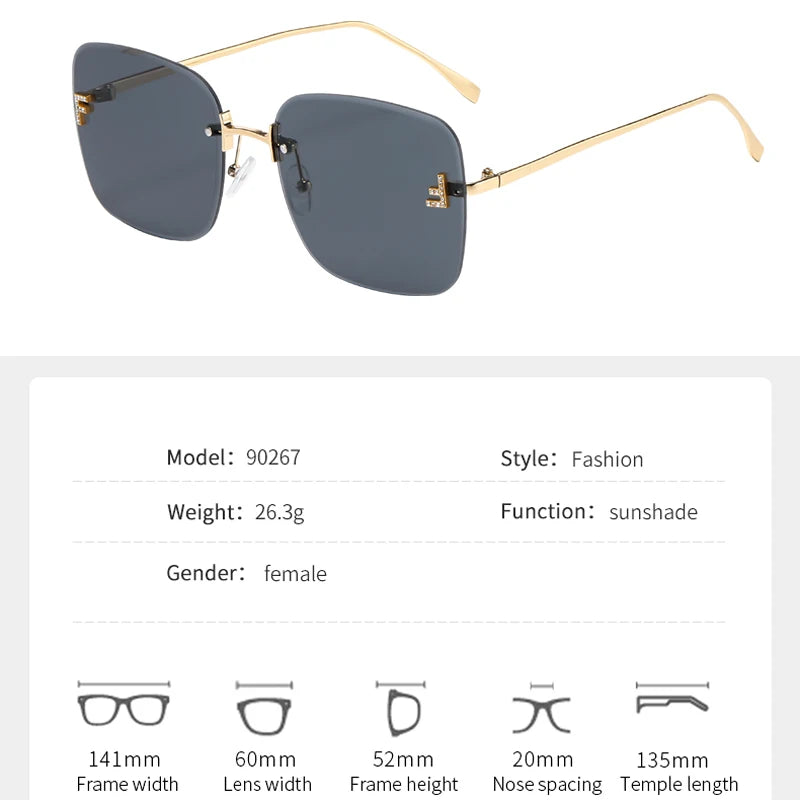Featherlight Rimless Sunglasses Large Square Frame with Diamond Accent