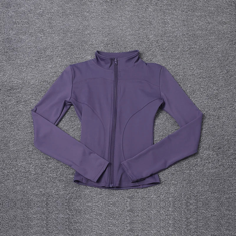 Purple long sleeve jacket in stretchy polyester with a zip-up front for gym training and yoga.