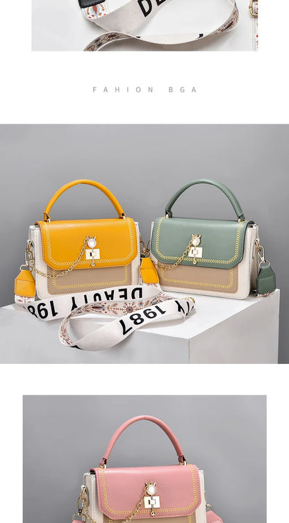 Two structured handbags in yellow and green with white-beige bodies, chain-lock details, and printed fabric straps.
