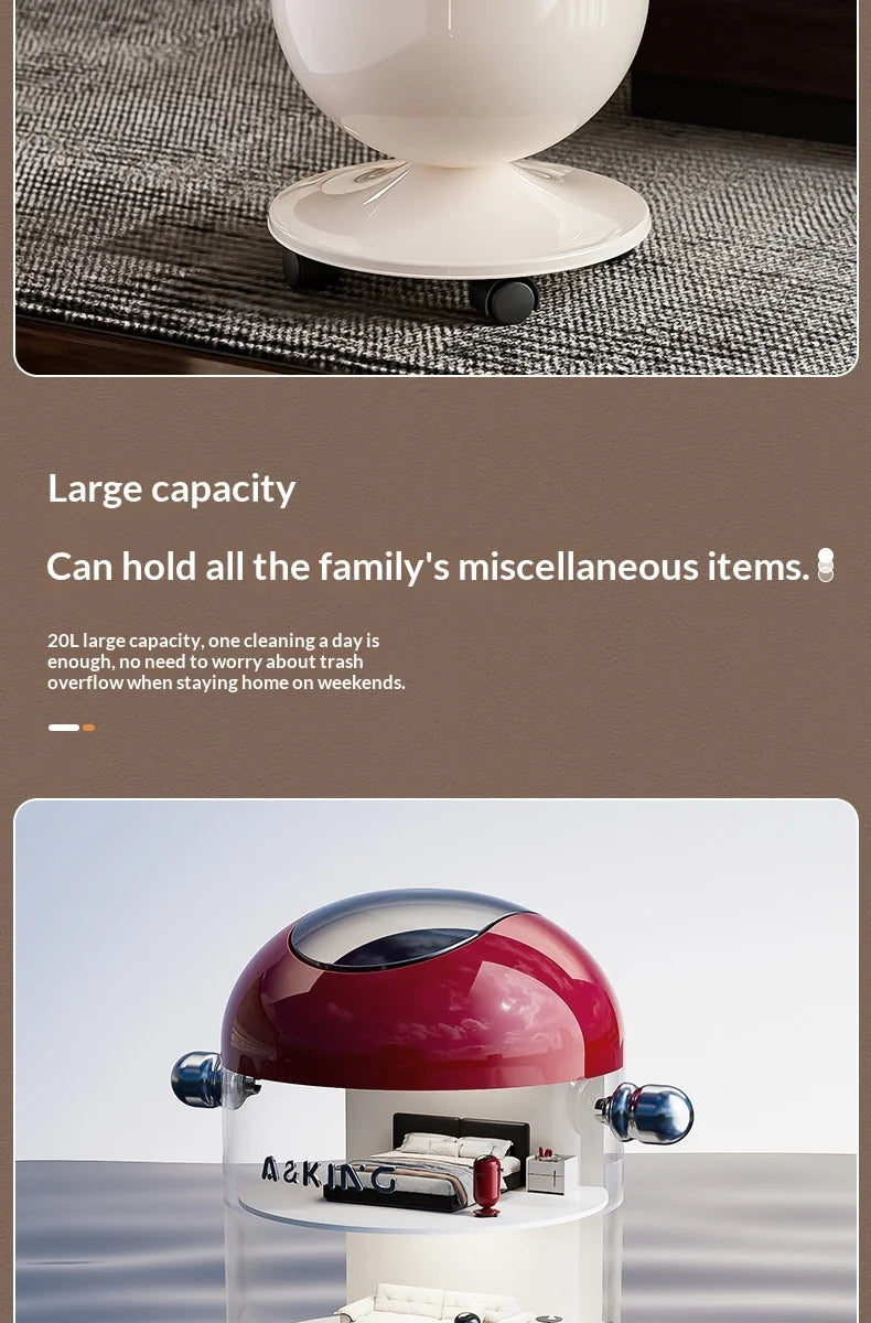 White spherical trash can on wheels with a textured mat surface.