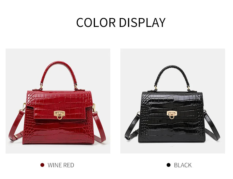 Wine red and black glossy crocodile-embossed leather handbags with top handles, flaps, and gold-tone turn-lock closures.