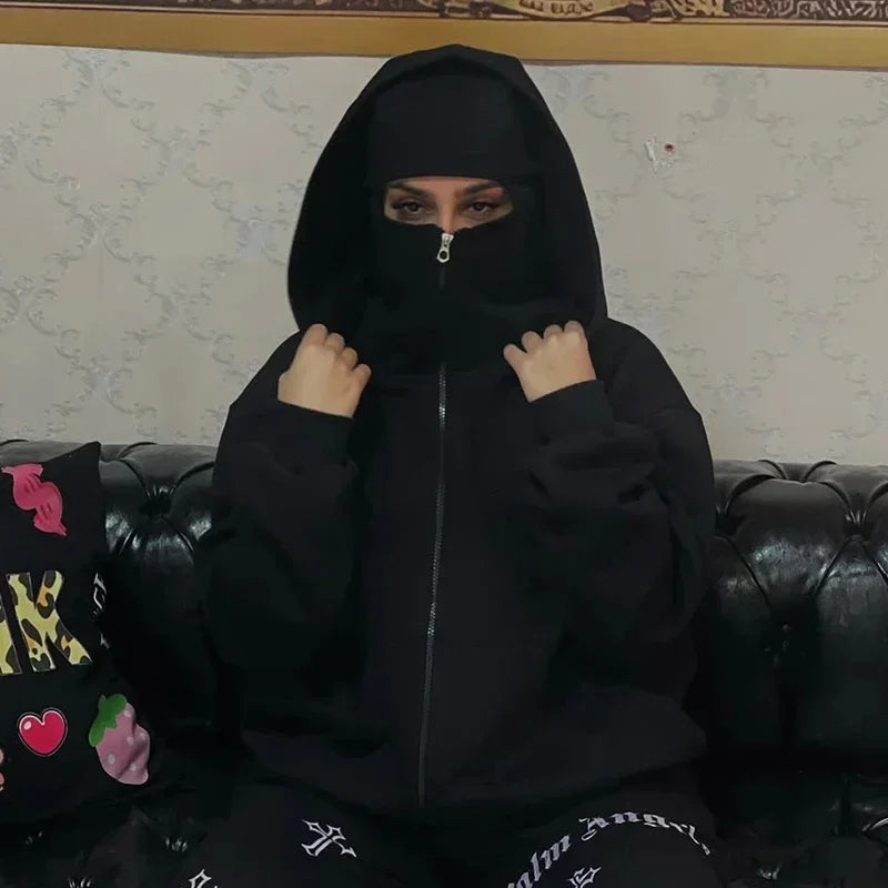 Unisex Cotton Blend Zip Hoodie With Built-In Hooded Face Mask For Cold Weather And Everyday Wear