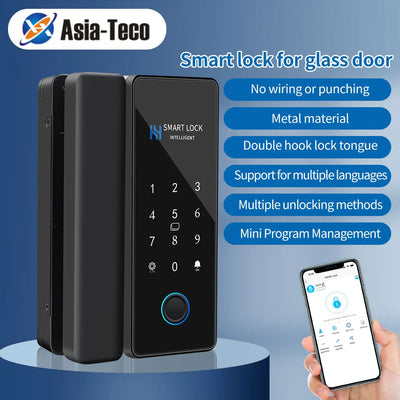 Lock App Bluetooth Smart Glass Door Lock Remote Unlock Fingerprint RFID IC Card Password with Time Attendance Record Report