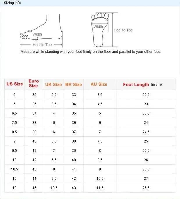 A sizing chart for women’s rivet buckle strap stiletto heels sandals with foot measurement illustrations and conversions.
