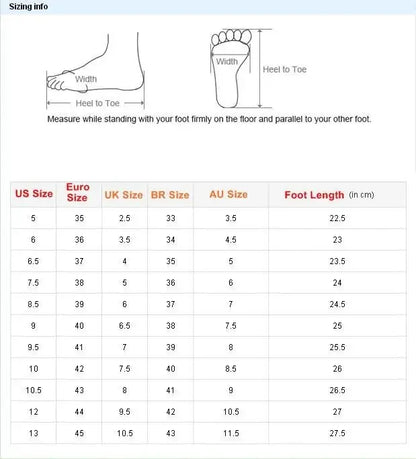 A sizing chart for women’s rivet buckle strap stiletto heels sandals with foot measurement illustrations and conversions.
