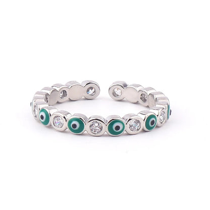 Adjustable Ring with Blue Evil Eye Open Copper Gold Tone Zircon Accent