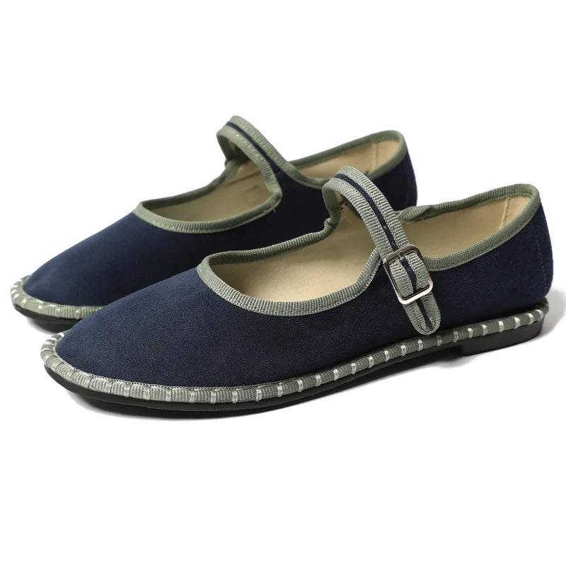 Women's floral-lined Mary Jane flats with buckle strap