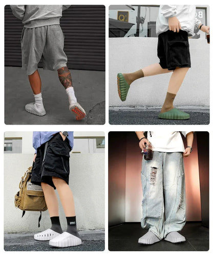 Grey and green slip-on sandals with cushioned thick soles for comfortable daily walking.