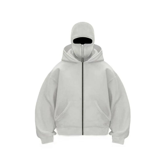 Light gray full-zip hoodie with an integrated balaclava face mask featuring a center zipper on a white background