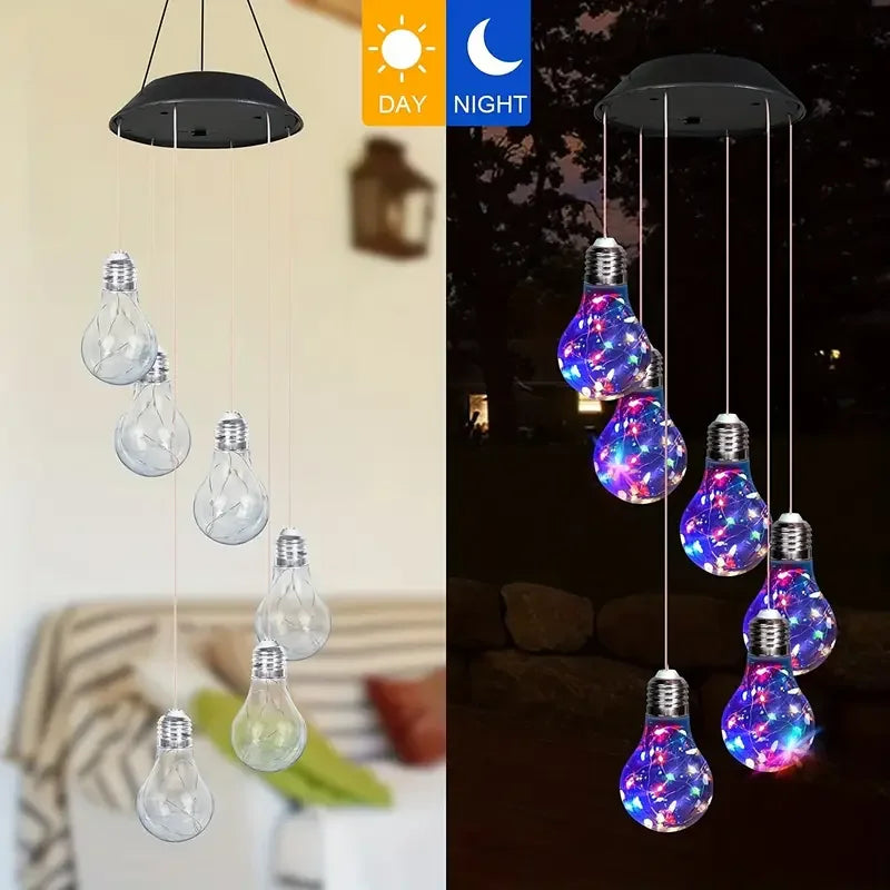 Home decor solar wind chimes hanging light featuring illuminated glass bulbs for outdoor garden patio