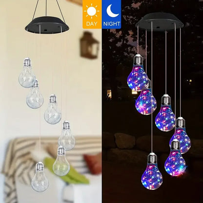 Home decor solar wind chimes hanging light featuring illuminated glass bulbs for outdoor garden patio