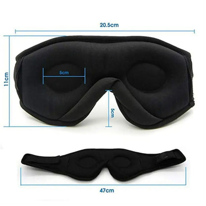 Black wireless 3D sleep eye mask with contoured eye cups, built-in speakers, and blue dimension measurements.