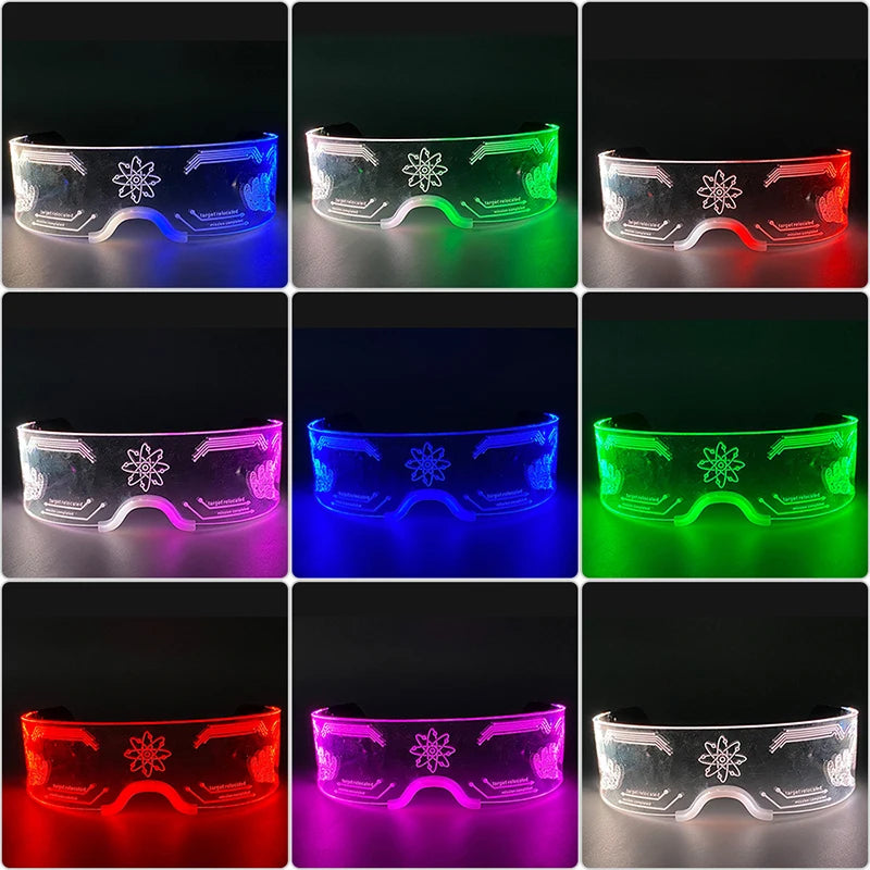LED festival glasses with crystal bead illumination and glowing circuit patterns