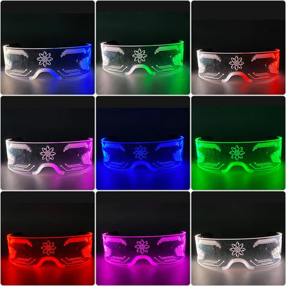 LED festival glasses with crystal bead illumination and glowing circuit patterns