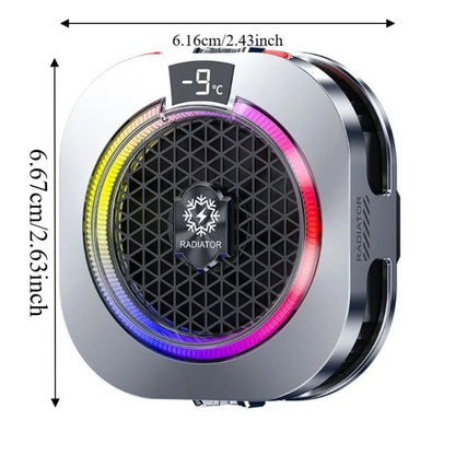 Silver square mobile phone cooler with LED light, fan, and AI temperature display for gaming cooling.