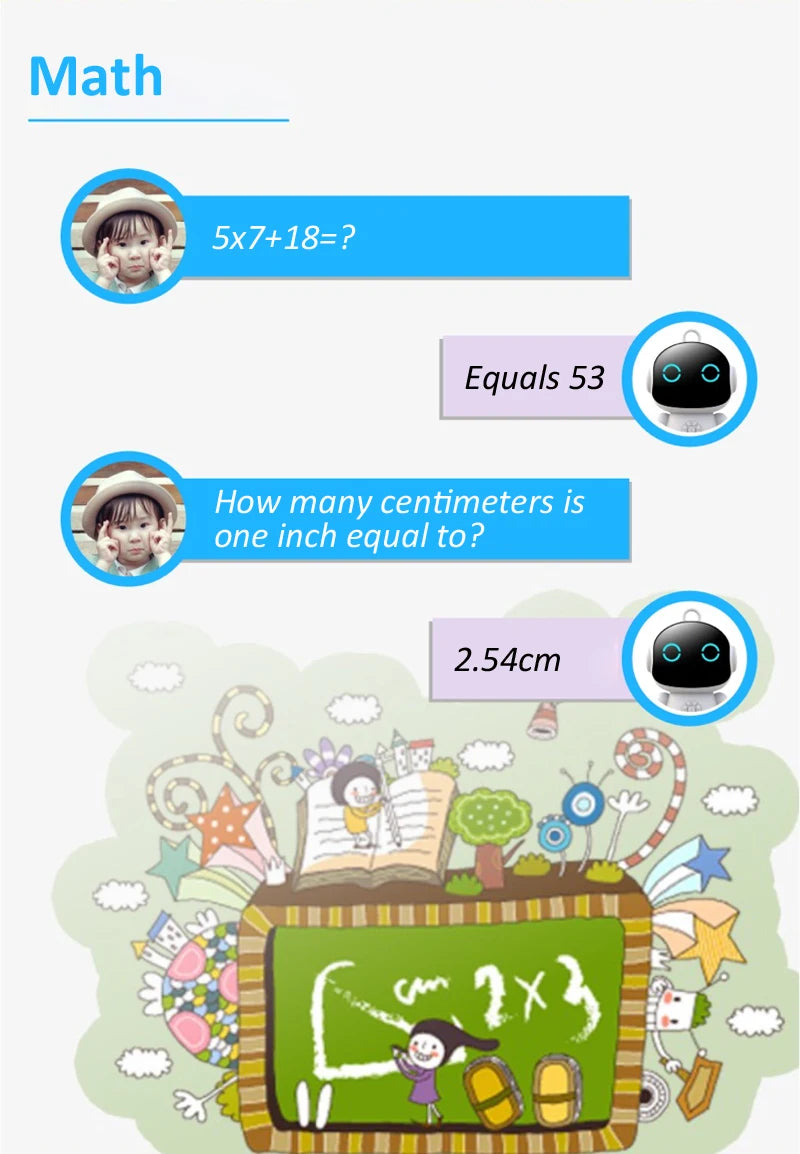 White plastic education robot with interactive display solving math problems for home learning and educational play.