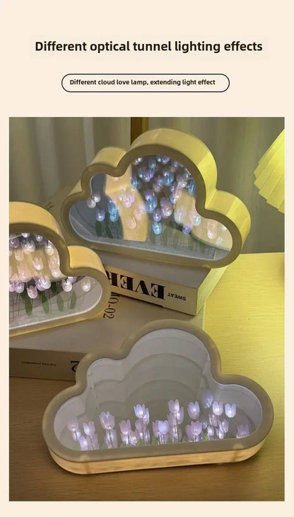 Cloud-shaped LED home decor with mirror panels and tulip flowers for desk ambient glow.