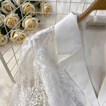 Designer Runway Lace Blazer Dress – Luxury Embroidered Long Gown for Elegant Evenings
