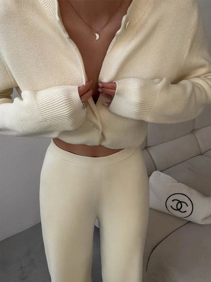 Women’s Knit Cardigan And Pants Set Slim Fit Long Sleeve Winter